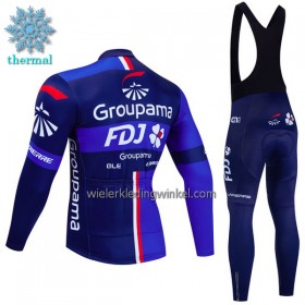 Set Fietsshirt Lange Mouw + Lange Koersbroek 2023 Groupama FDJ Winter Thermal Fleece Zwart Blauw